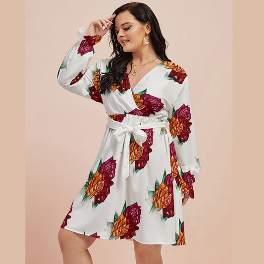 All-Over Print Women's V-neck Dress With Waistband(Plus Size)