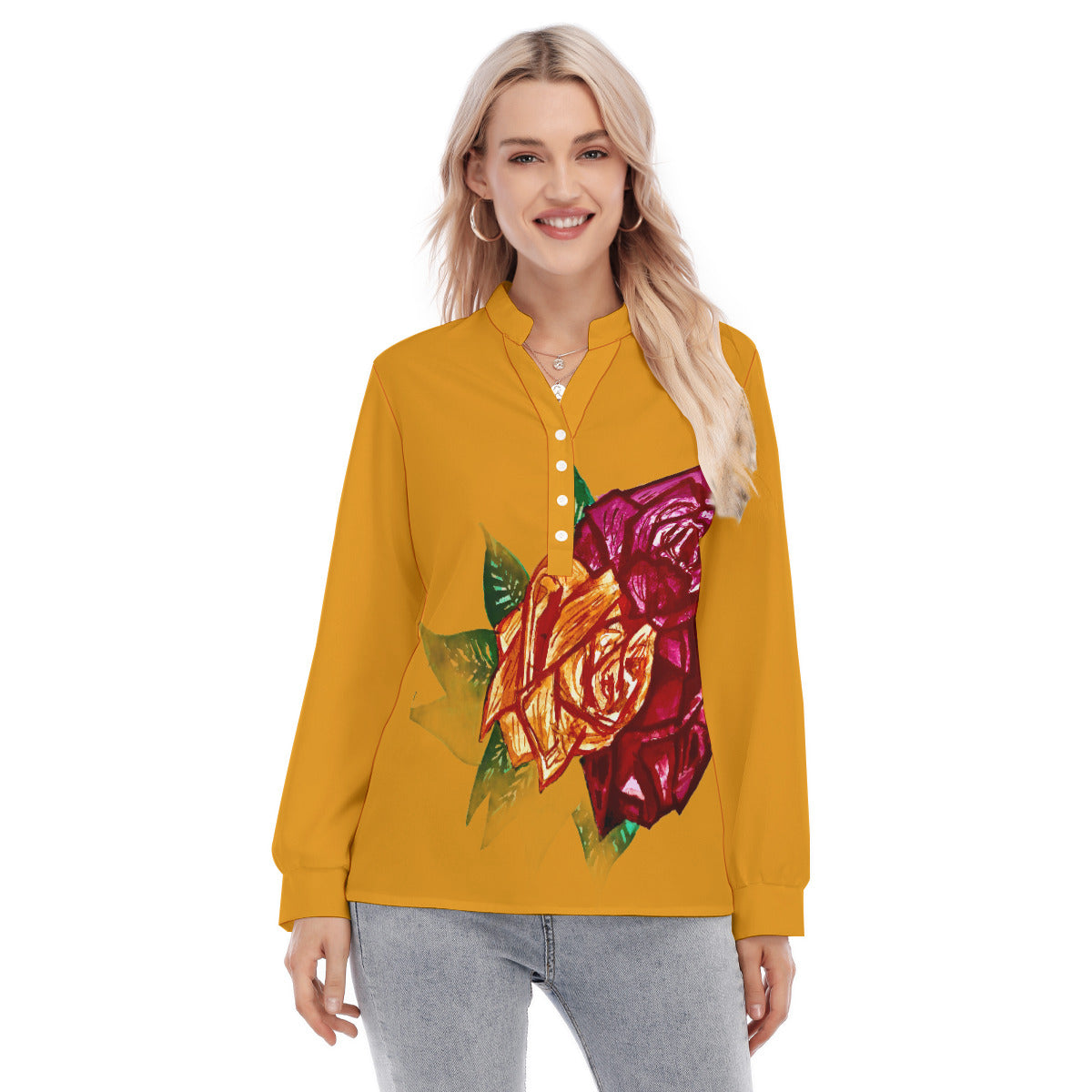 All-Over Print Women's Long Sleeve Blouse With Button Closure