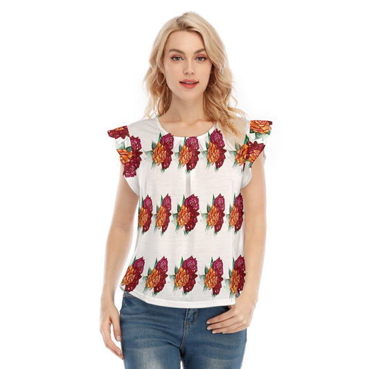 All-Over Print Women's O-neck T-shirt With Ruffle Sleeves