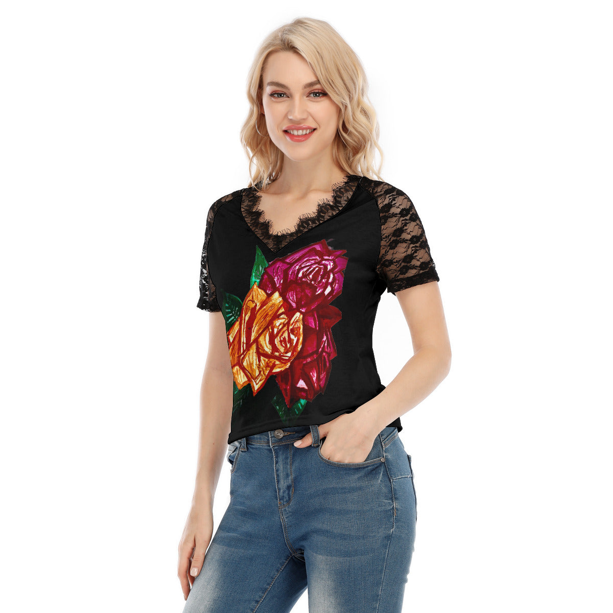 All-Over Print Women's V-neck T-shirt With Lace