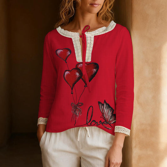 All-Over Print Women's Long-Sleeve Casual Top With Tie Collar