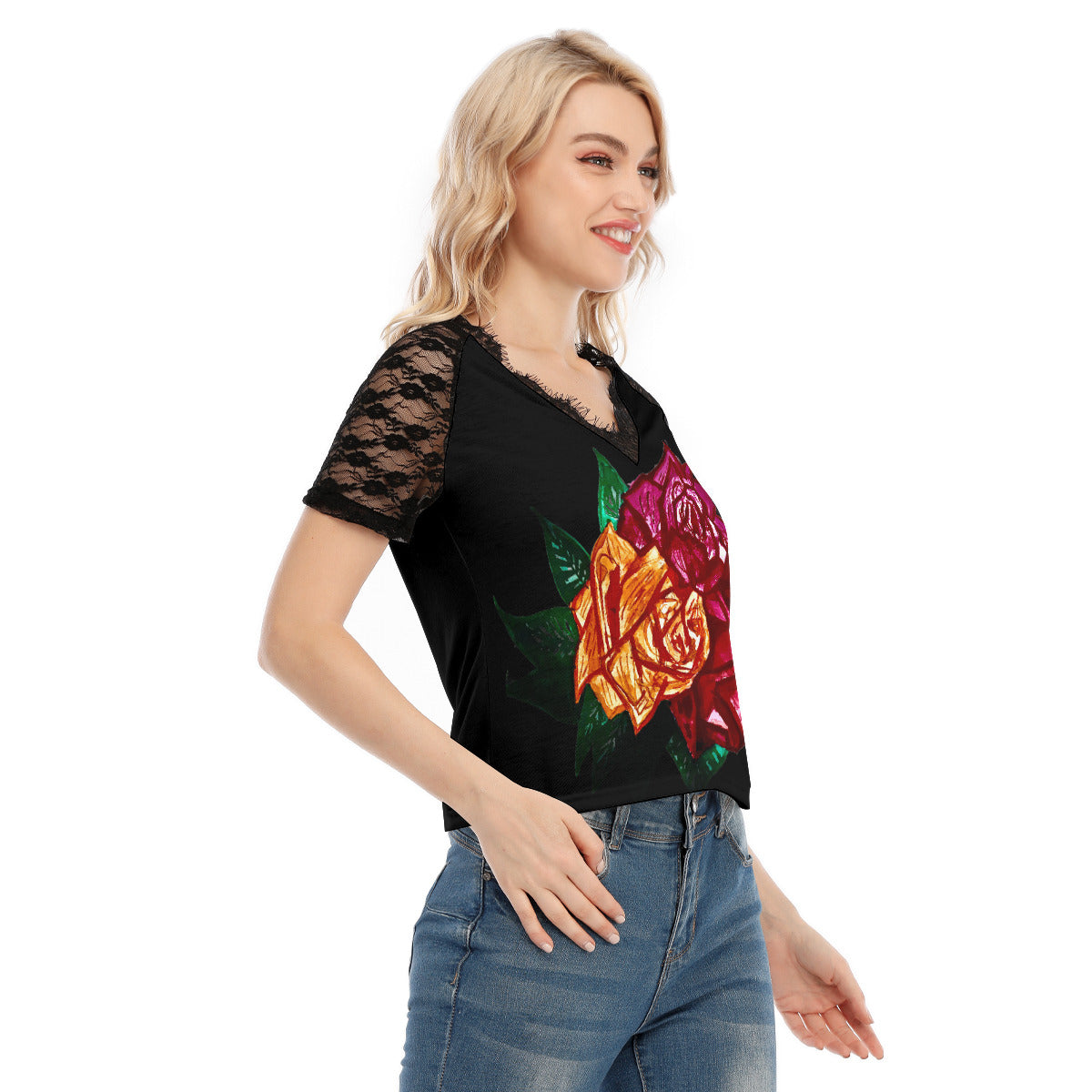 All-Over Print Women's V-neck T-shirt With Lace