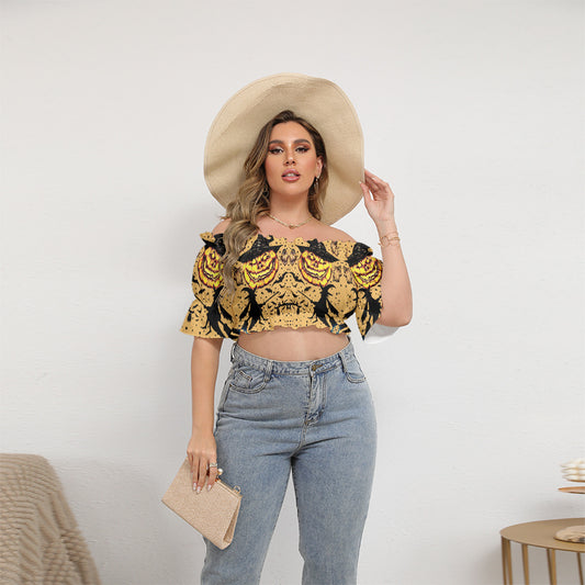 All-Over Print Women's Off-shoulder Cropped Top With Short Puff Sleeve