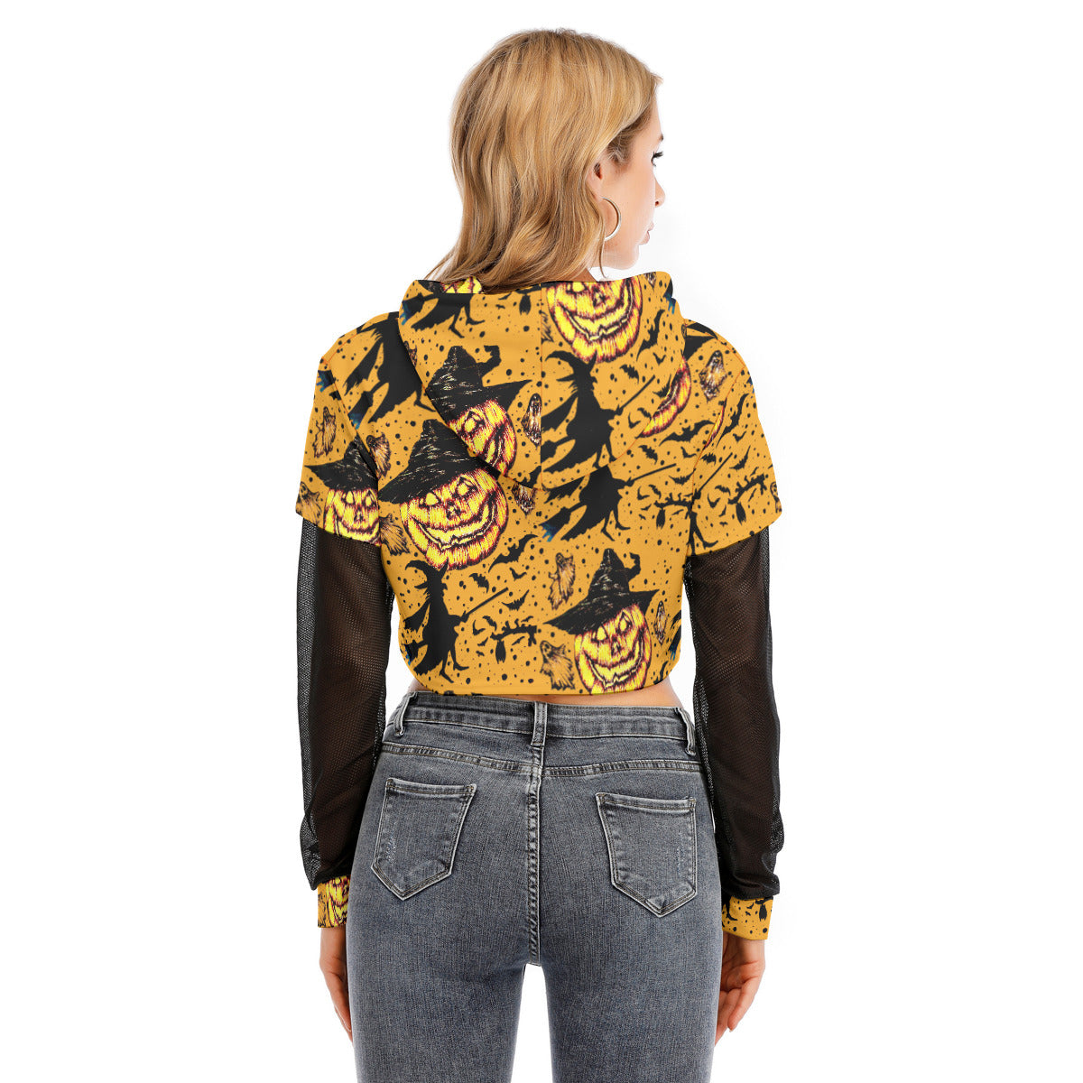 All-Over Print Women's Fake Two-piece Mesh Sleeve Cropped Hoodie