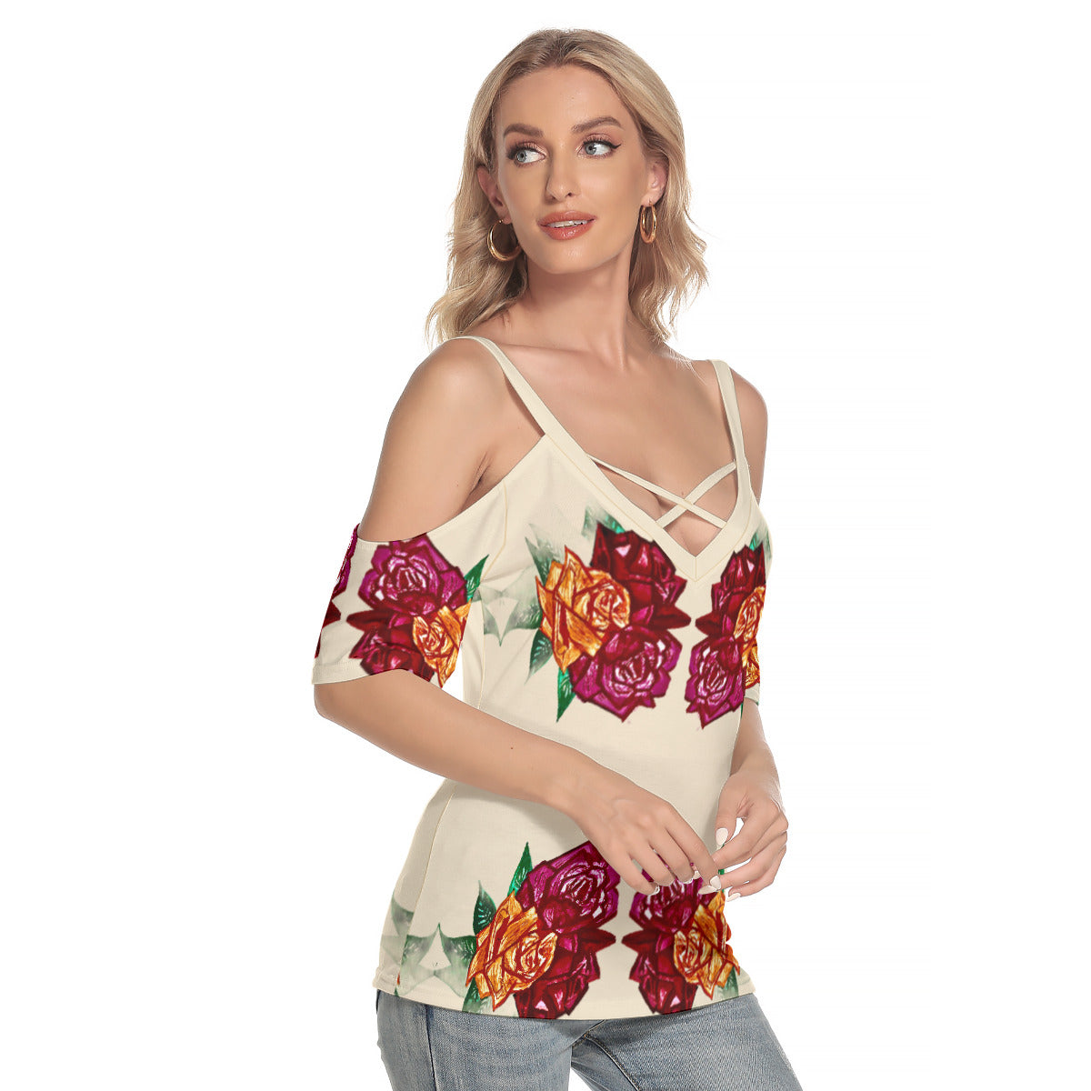 All-Over Print Women's Cold Shoulder T-shirt With Criss Cross Strips