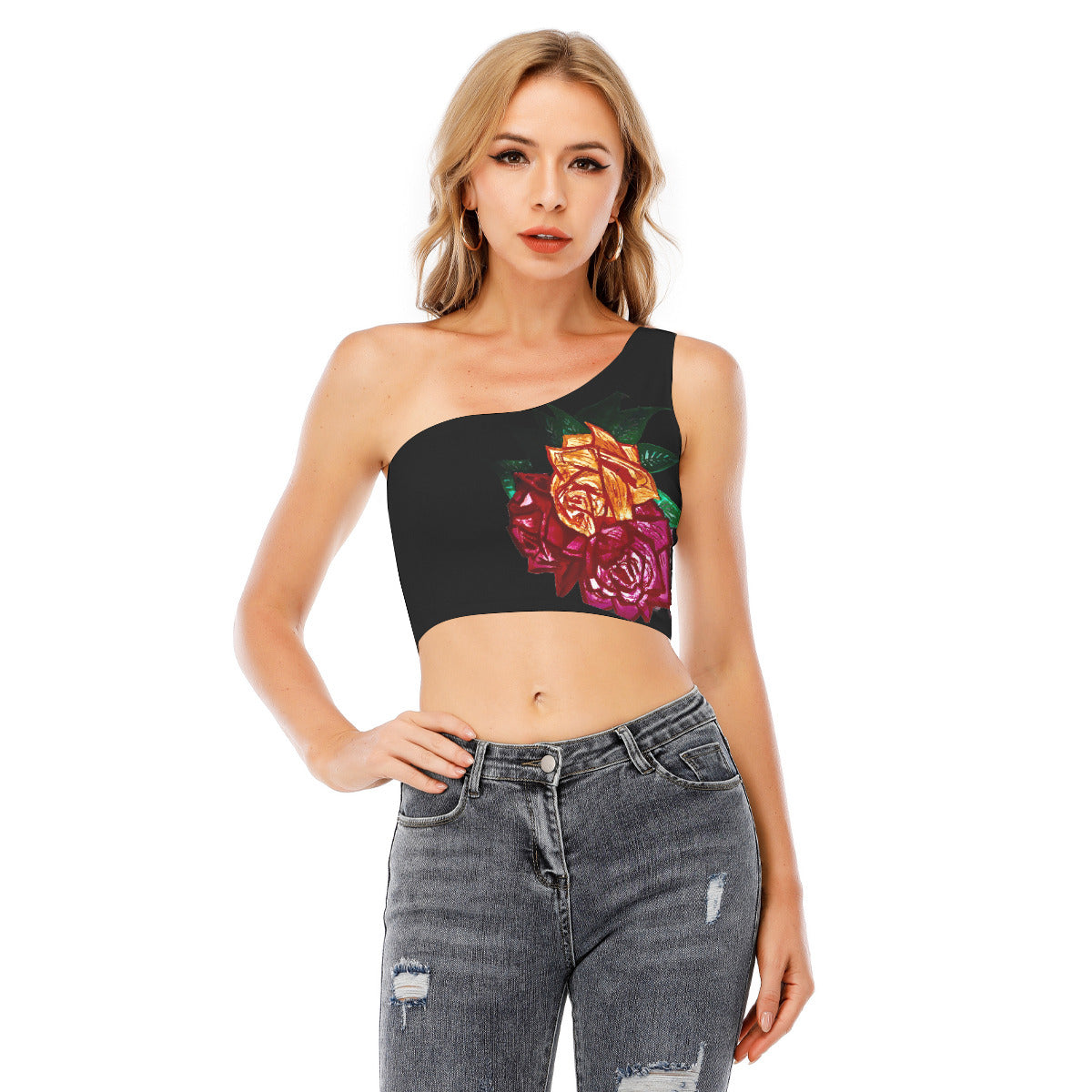 All-Over Print Women's One-Shoulder Cropped Top