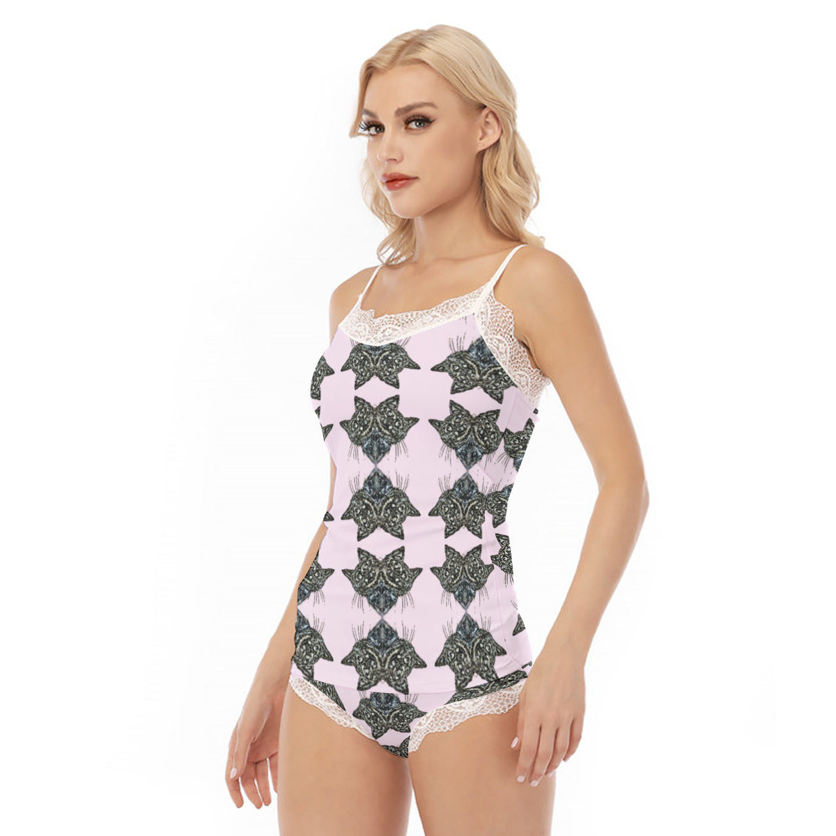 All-Over Print Women's Pajama Set With Lace Edge