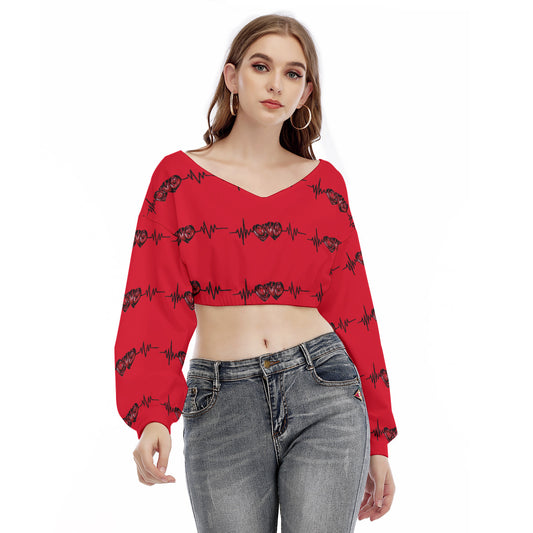 All-Over Print Women's V-neck Long Sleeve Cropped Sweatshirt