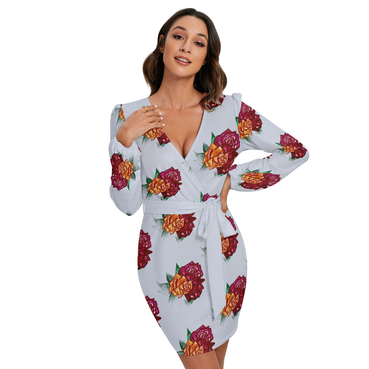 All-Over Print Women's Long Sleeve Dress With Waist Belt