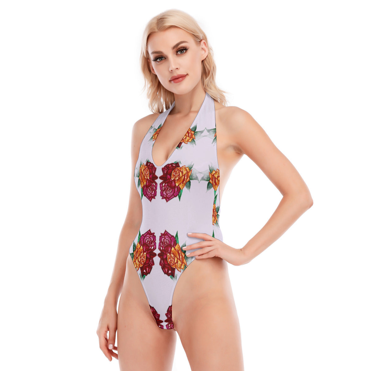 All-Over Print Women's Backless V-neck Skinny Bodysuit