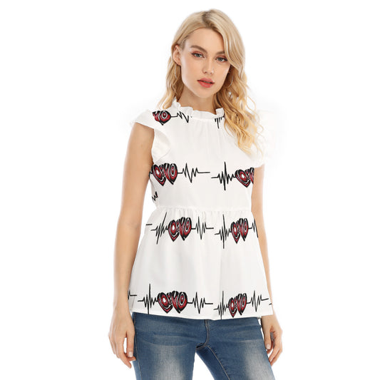 All-Over Print Women's Blouse With Lotus Leaf Lace