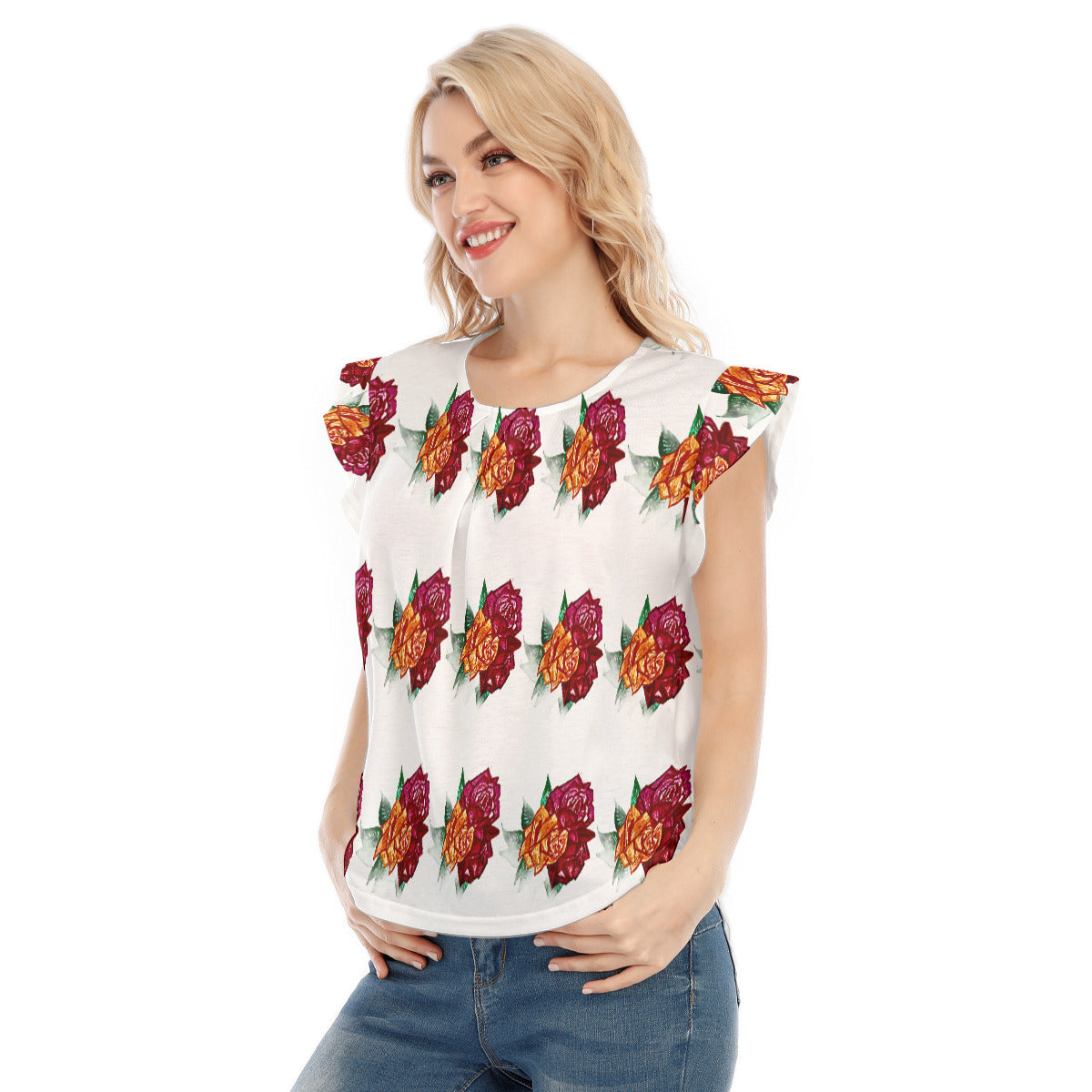 All-Over Print Women's O-neck T-shirt With Ruffle Sleeves