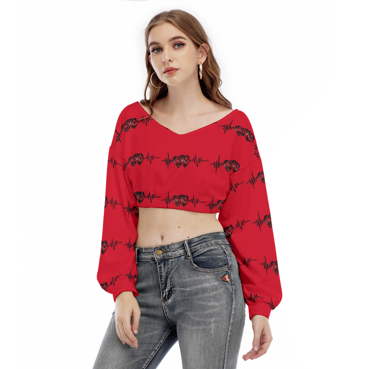 All-Over Print Women's V-neck Long Sleeve Cropped Sweatshirt