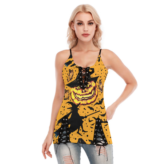 All-Over Print Women's V-neck Eyelet Lace-up Cami Dress