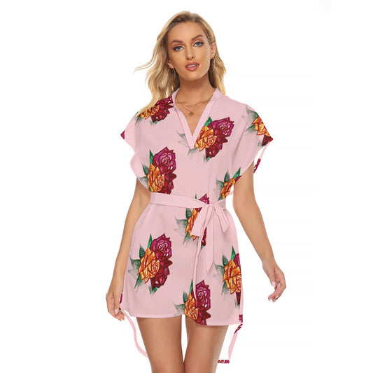 All-Over Print Women's Stand-up Collar Casual Dress With Belt