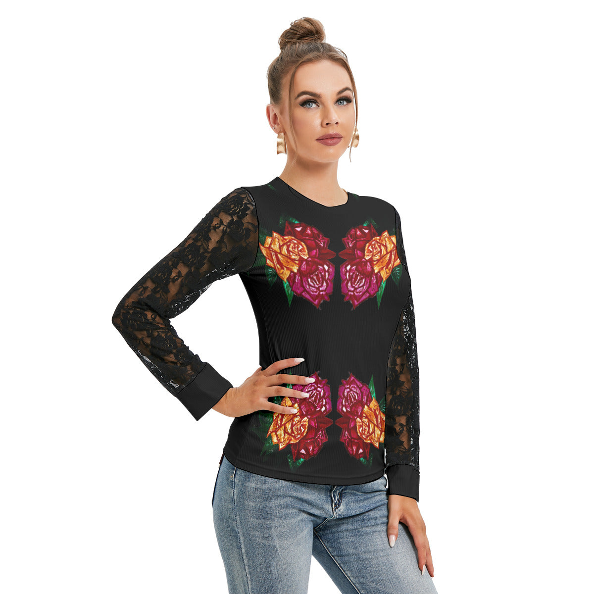 All-Over Print Women's T-shirt And Sleeve With Black Lace