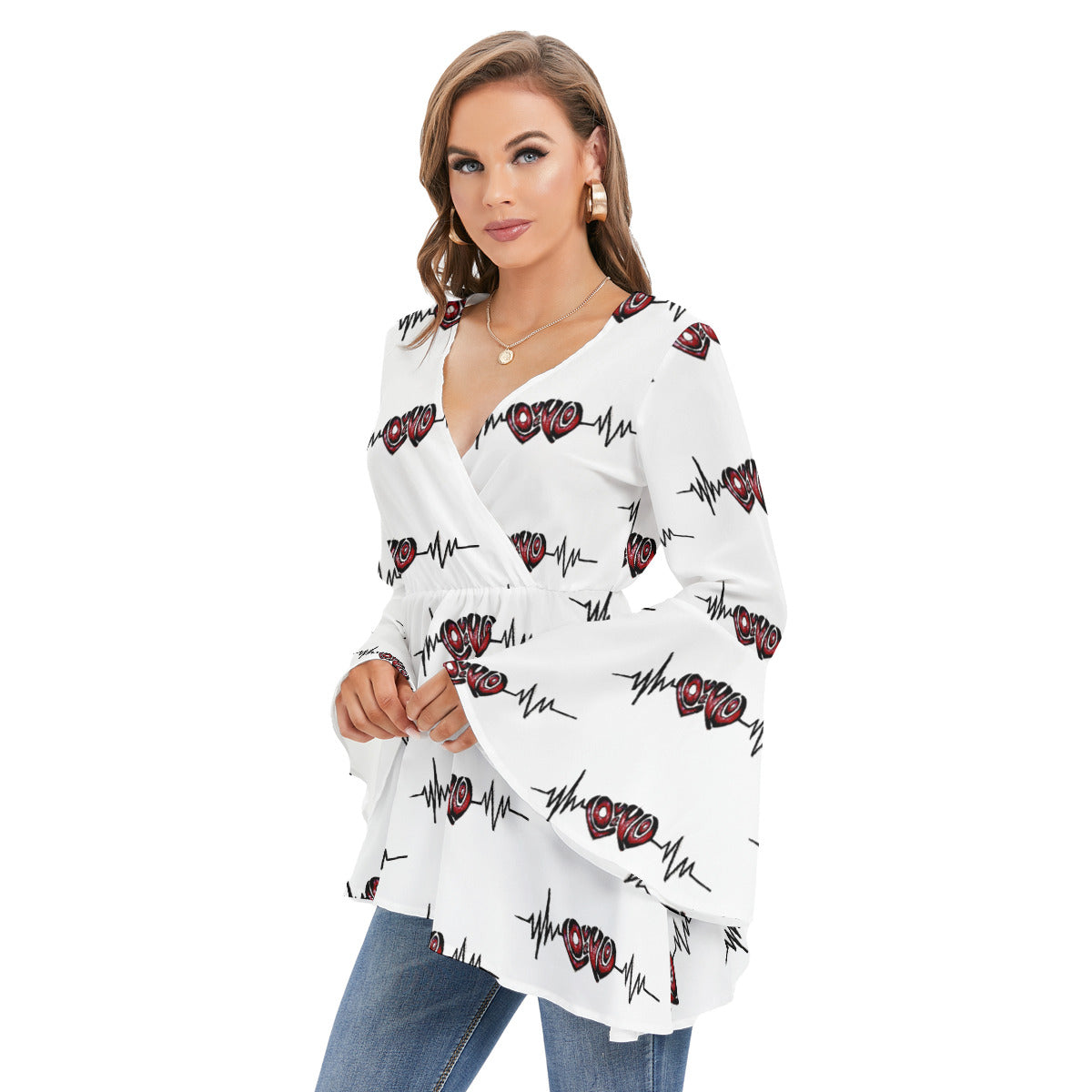 All-Over Print Women's V-neck Blouse With Flared Sleeves