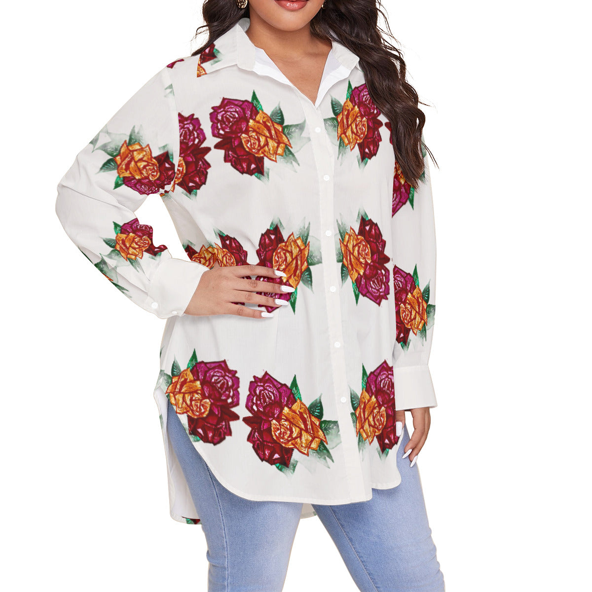 All-Over Print Women's Shirt With Long Sleeve(Plus Size)