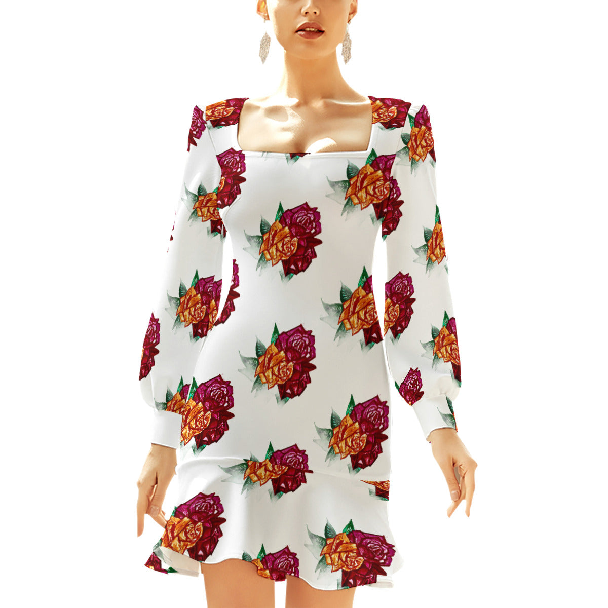All-Over Print Women's Ruffle Hem Skinny Dress