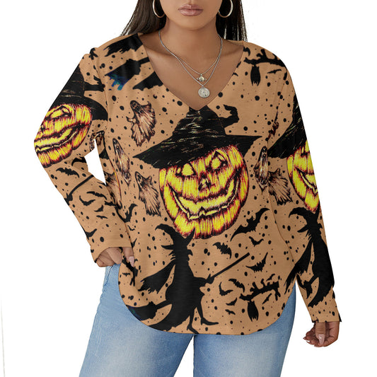 All-Over Print Women's V-neck T-shirt With Curved Hem(Plus Size)