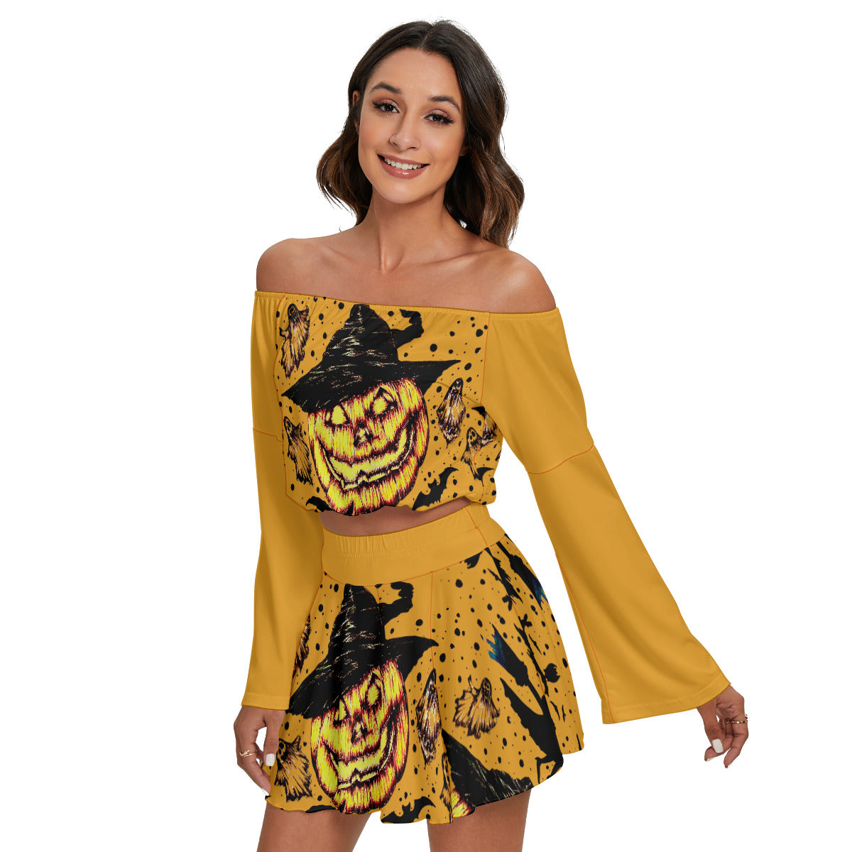 All-Over Print Women's Off-shoulder Top And Skirt Set