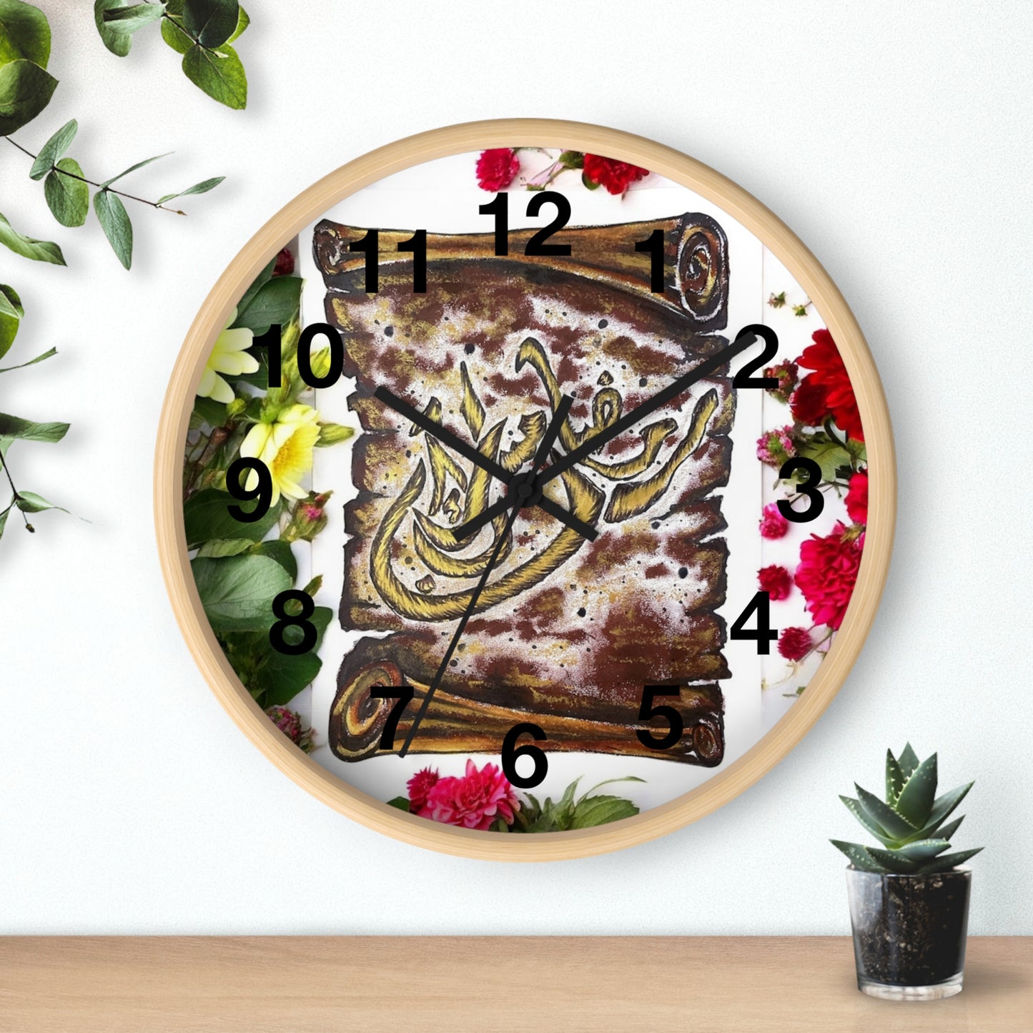 Arabic Calligraphy Floral Wall Clock — Islamic Decorative Timepiece