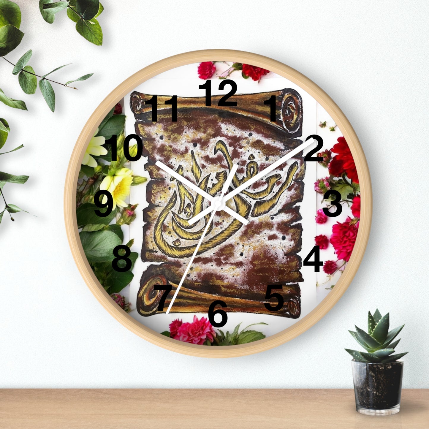 Arabic Calligraphy Floral Wall Clock — Islamic Decorative Timepiece