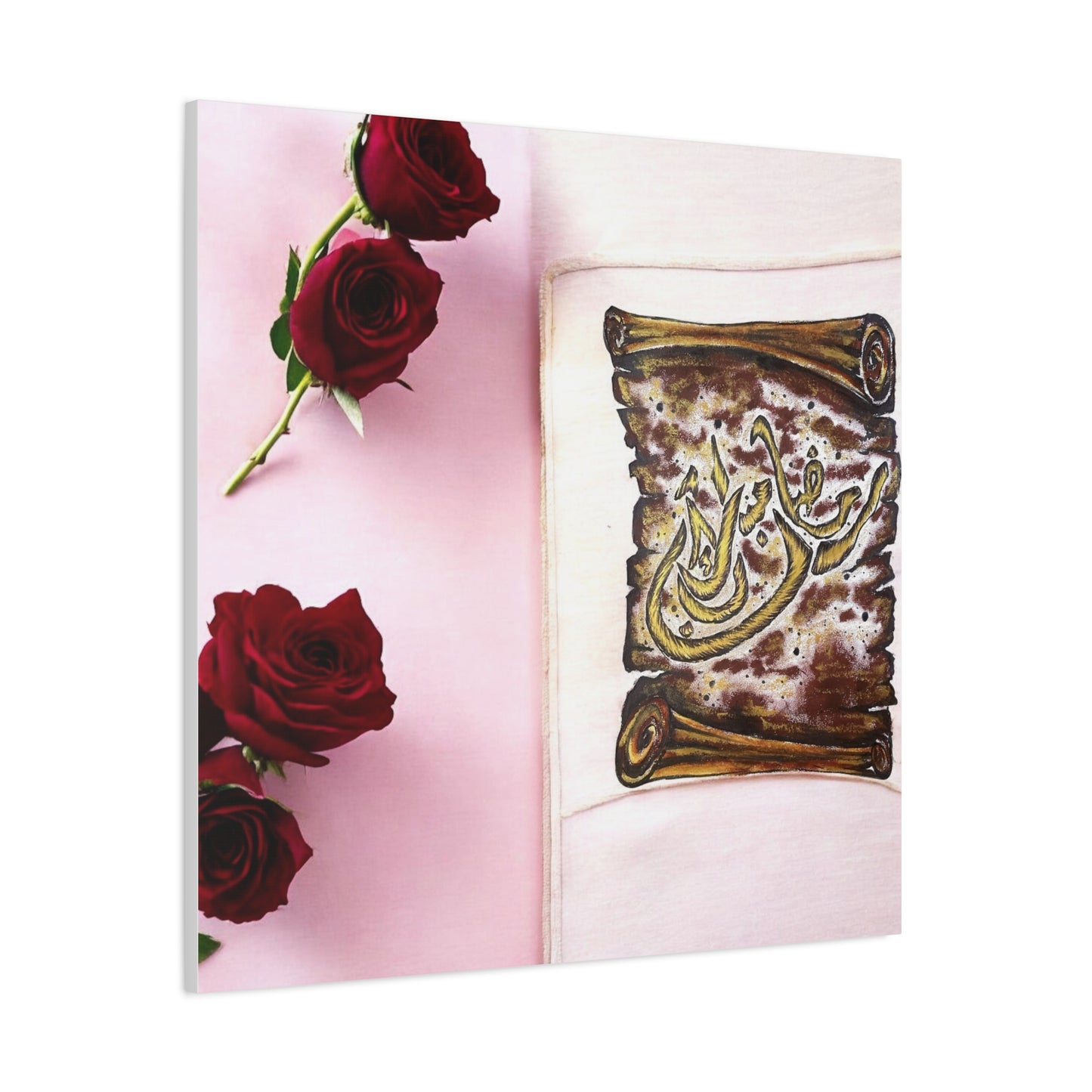 Arabic Calligraphy Canvas Wall Art — 'Bismillah' Scroll with Red Roses, Matte Stretched Canvas