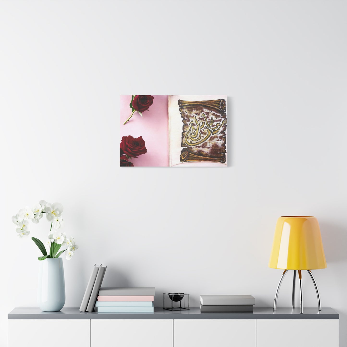 Arabic Calligraphy Canvas Wall Art — 'Bismillah' Scroll with Red Roses, Matte Stretched Canvas