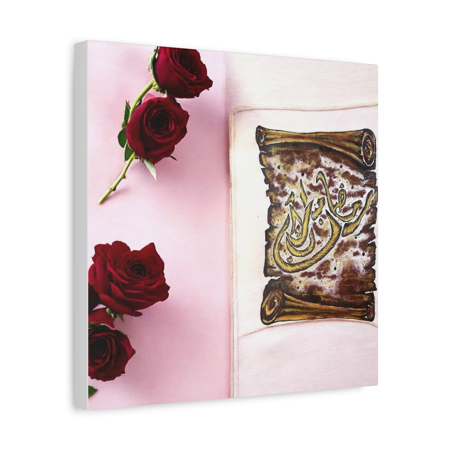 Arabic Calligraphy Canvas Wall Art — 'Bismillah' Scroll with Red Roses, Matte Stretched Canvas