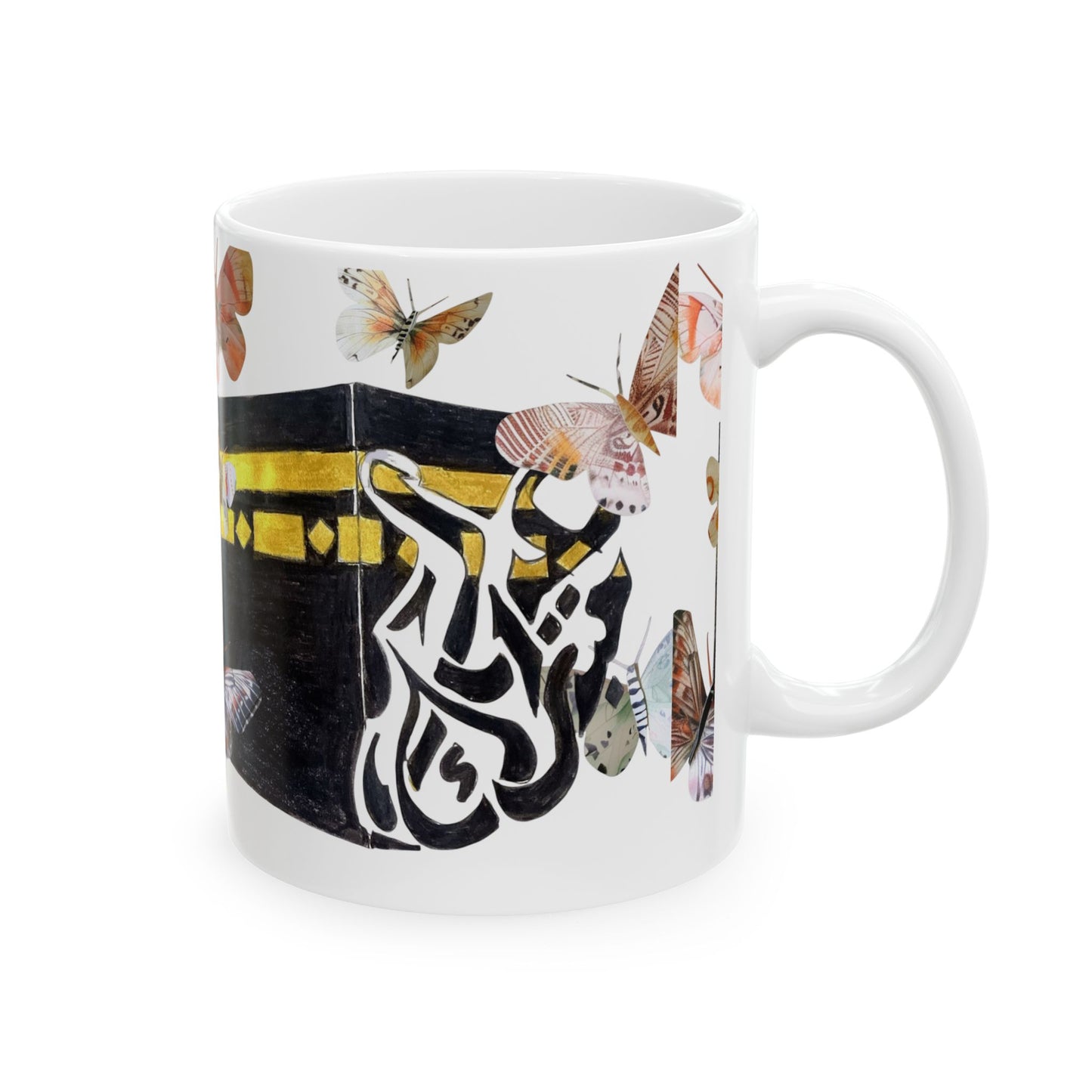 Kaaba & Arabic Calligraphy Butterfly Ceramic Mug — Islamic Faith Coffee Cup (11oz/15oz)
