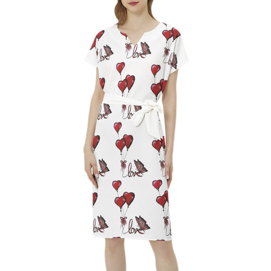Betwing Seleeve Notch Neck Casual Dress with Belt