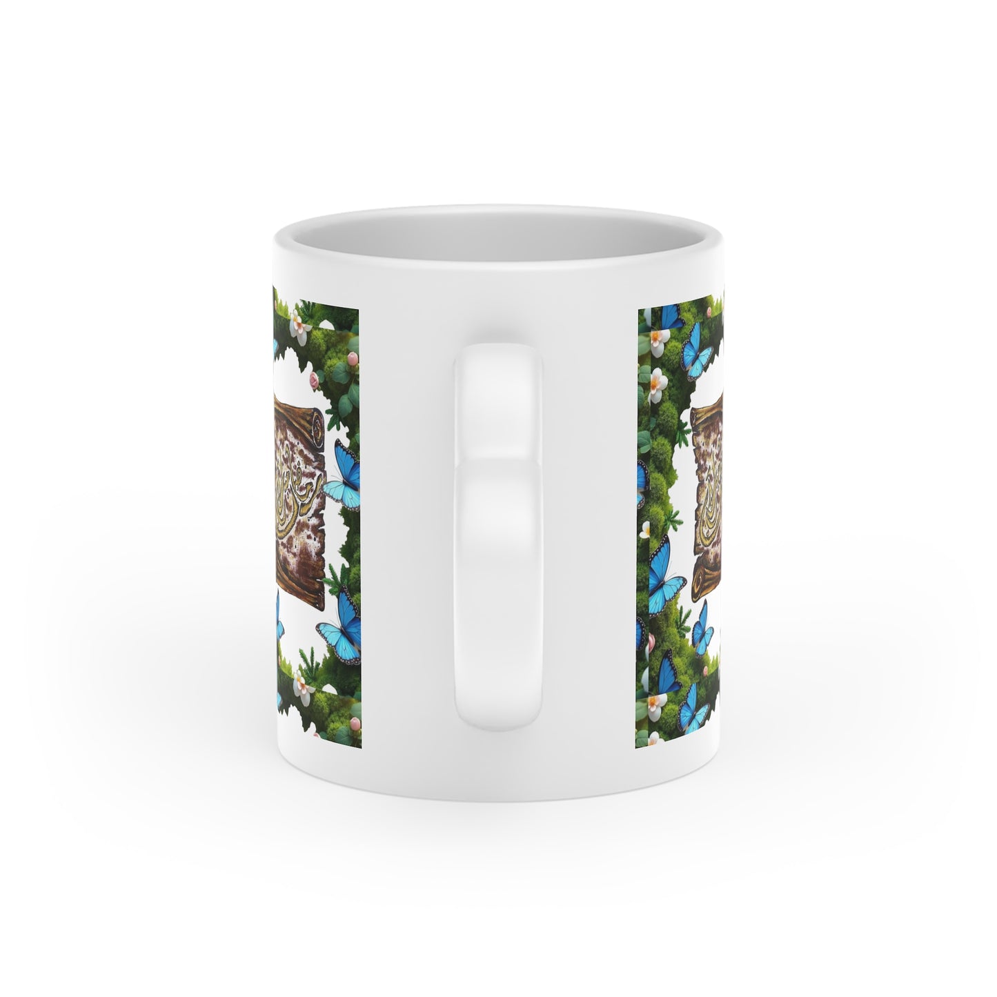Floral Book & Blue Butterflies Mug — Literary Garden Coffee Cup
