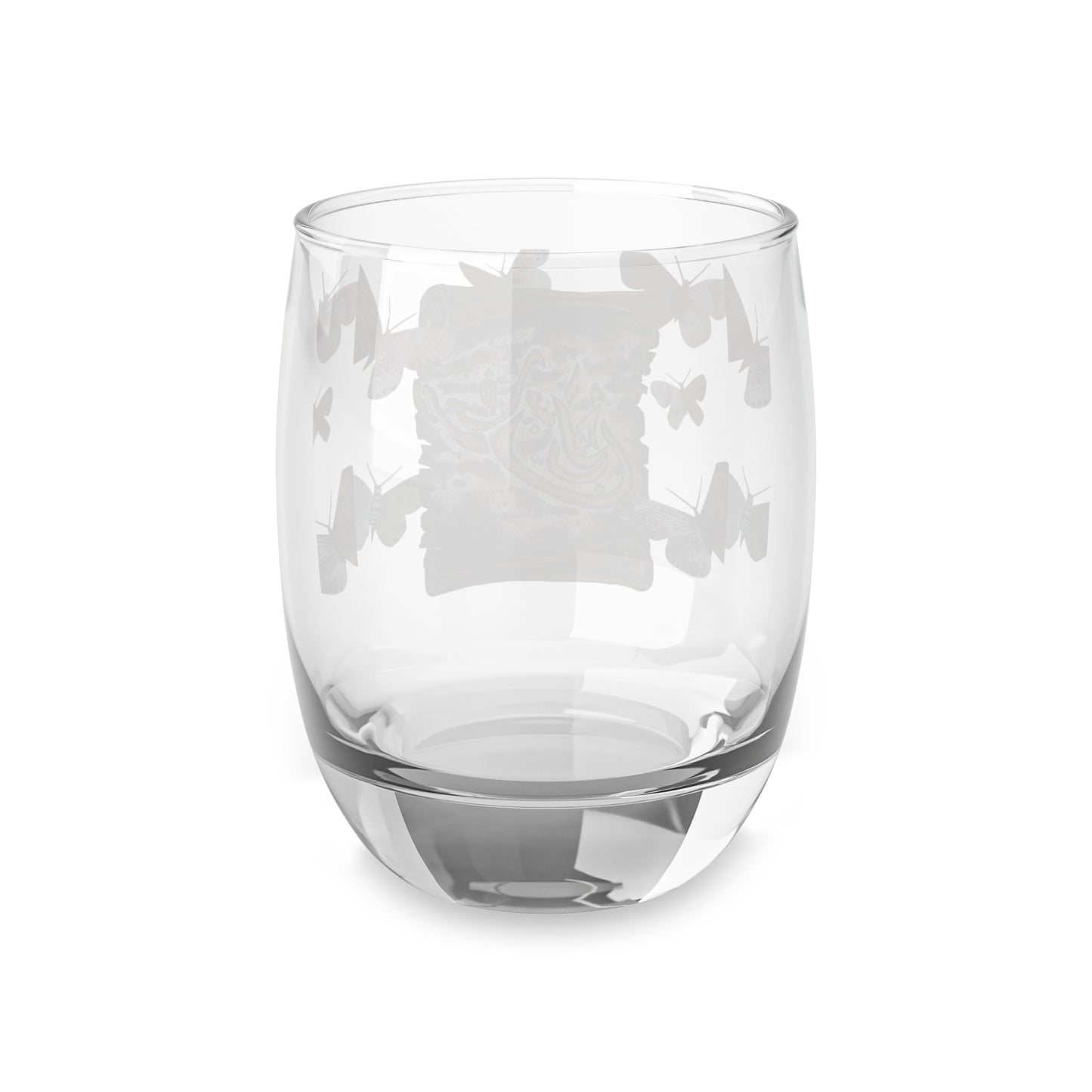 Butterfly Scroll Whiskey Glass — Vintage Calligraphy Design