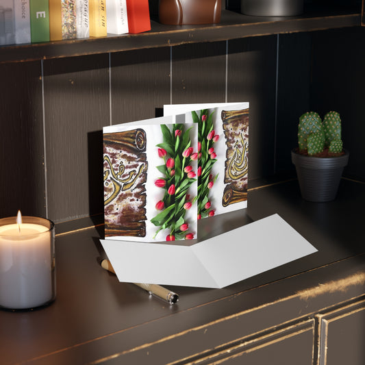 Floral Tulip & Scroll Arabic Calligraphy Greeting Cards — Pack of 8/16/24