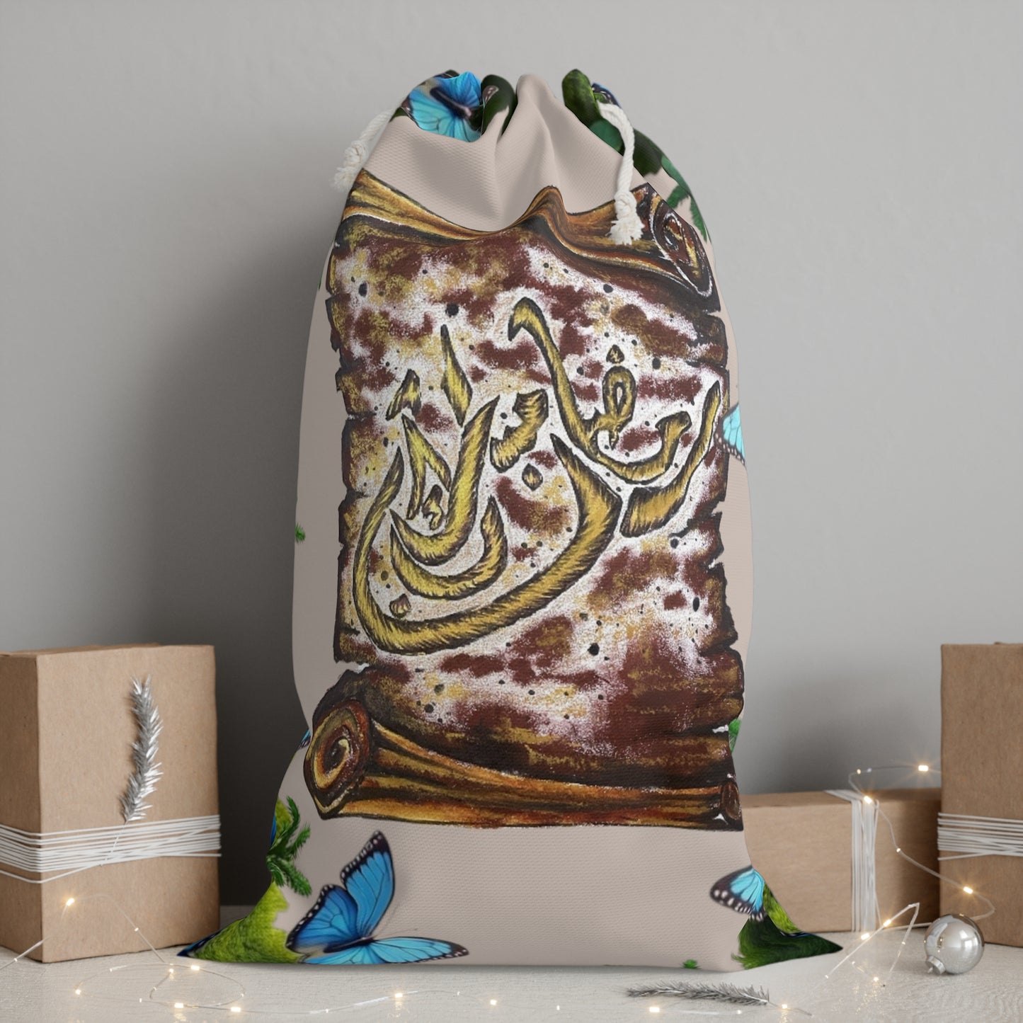 Arabic Calligraphy Drawstring Sack with Blue Butterfly Scroll Design