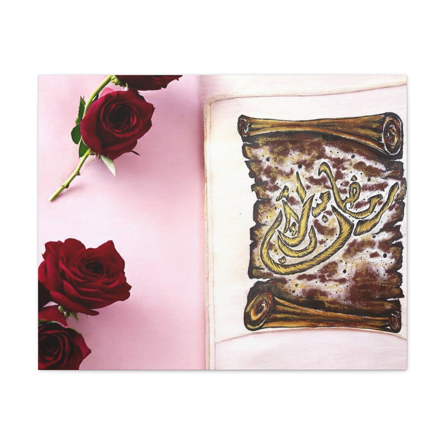 Arabic Calligraphy Canvas Wall Art — 'Bismillah' Scroll with Red Roses, Matte Stretched Canvas