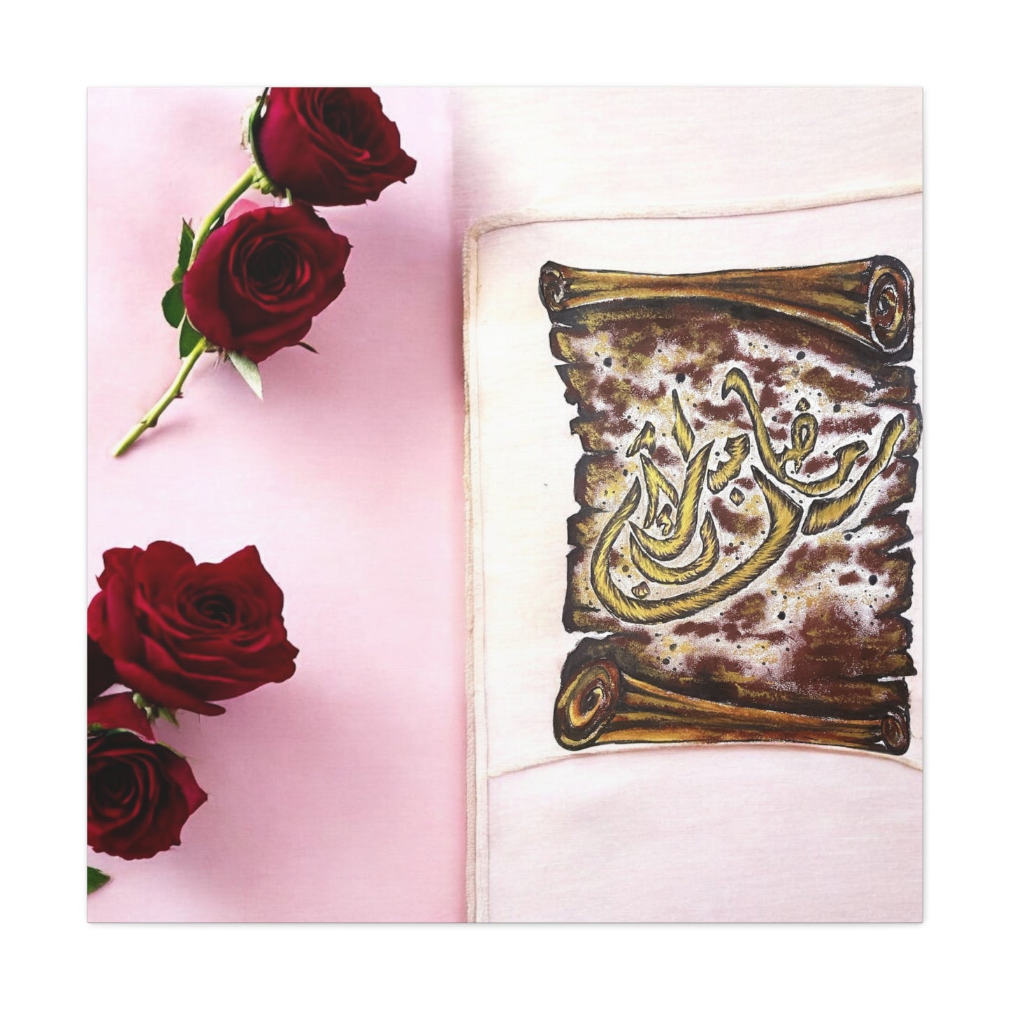 Arabic Calligraphy Canvas Wall Art — 'Bismillah' Scroll with Red Roses, Matte Stretched Canvas