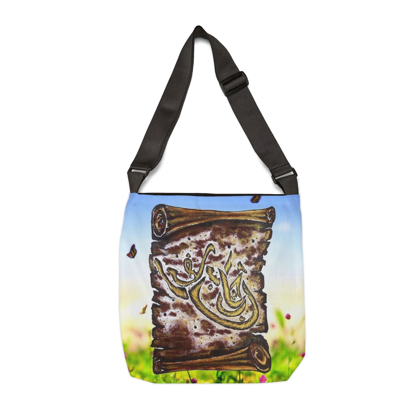 Arabic Calligraphy Scroll Tote Bag — Adjustable Shoulder Tote with Floral Meadow Design