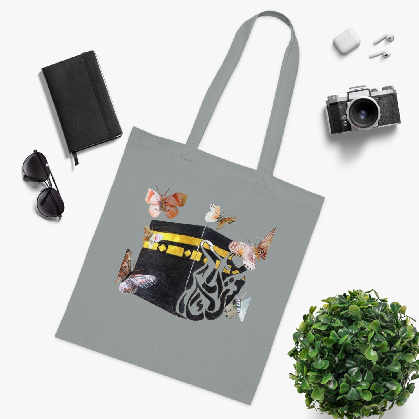 Kaaba & Butterflies Cotton Tote — Islamic Pilgrimage Prayer Bag