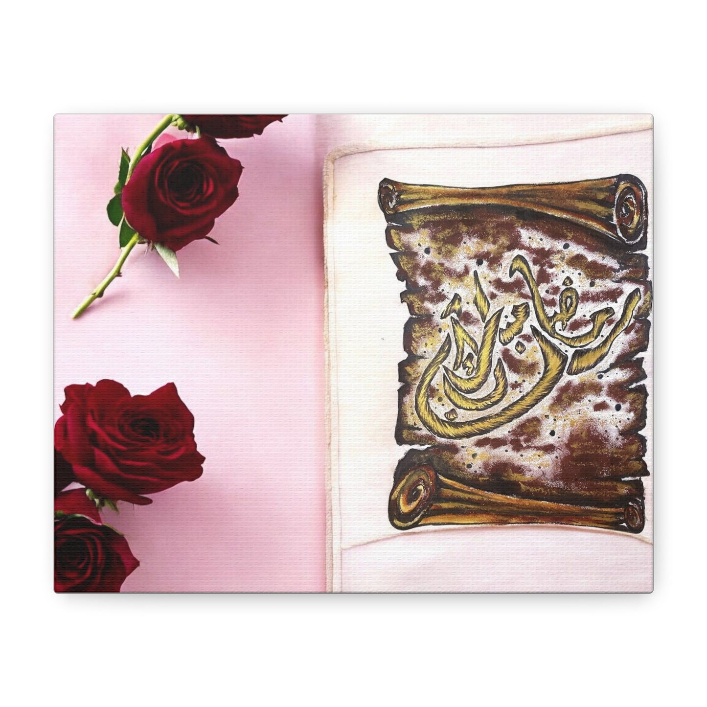 Arabic Calligraphy Canvas Wall Art — 'Bismillah' Scroll with Red Roses, Matte Stretched Canvas