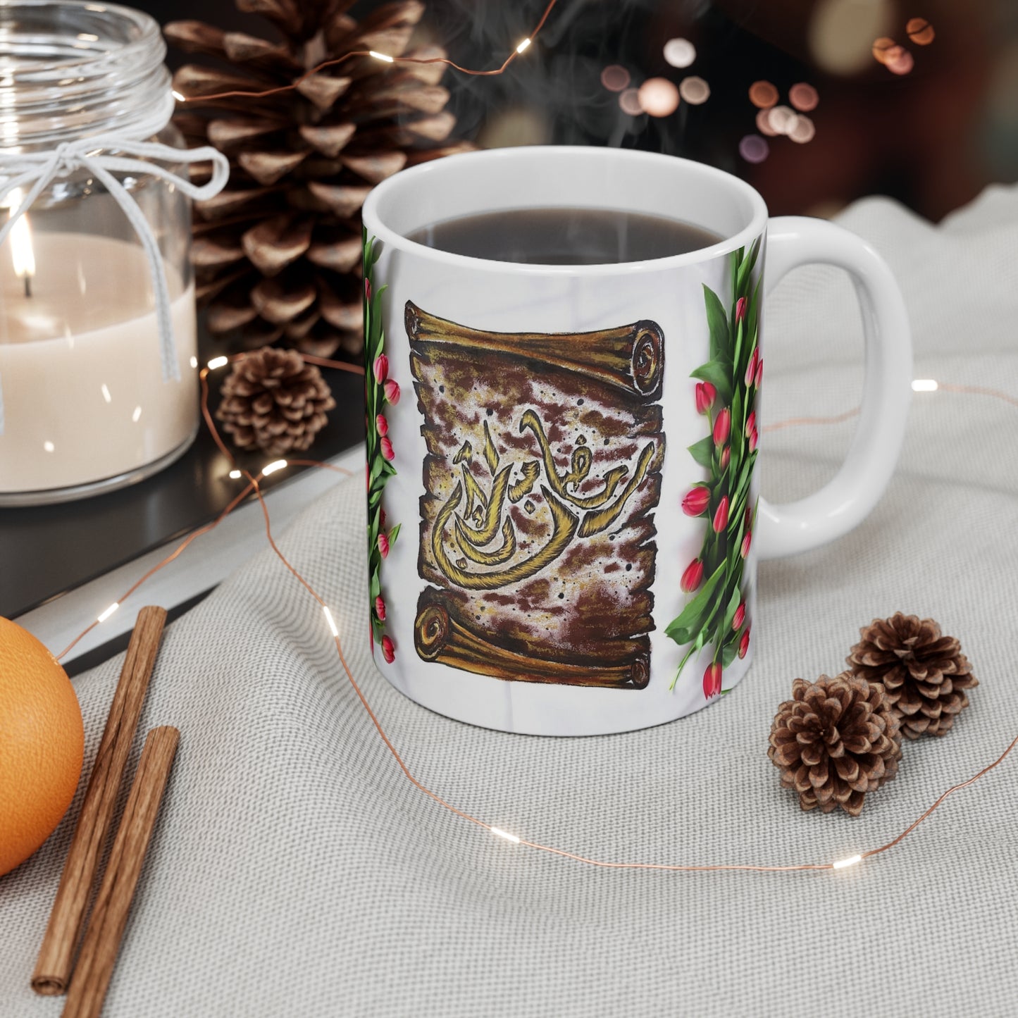 11oz Mug — Floral Tulip & Scroll Arabic Calligraphy Coffee Cup