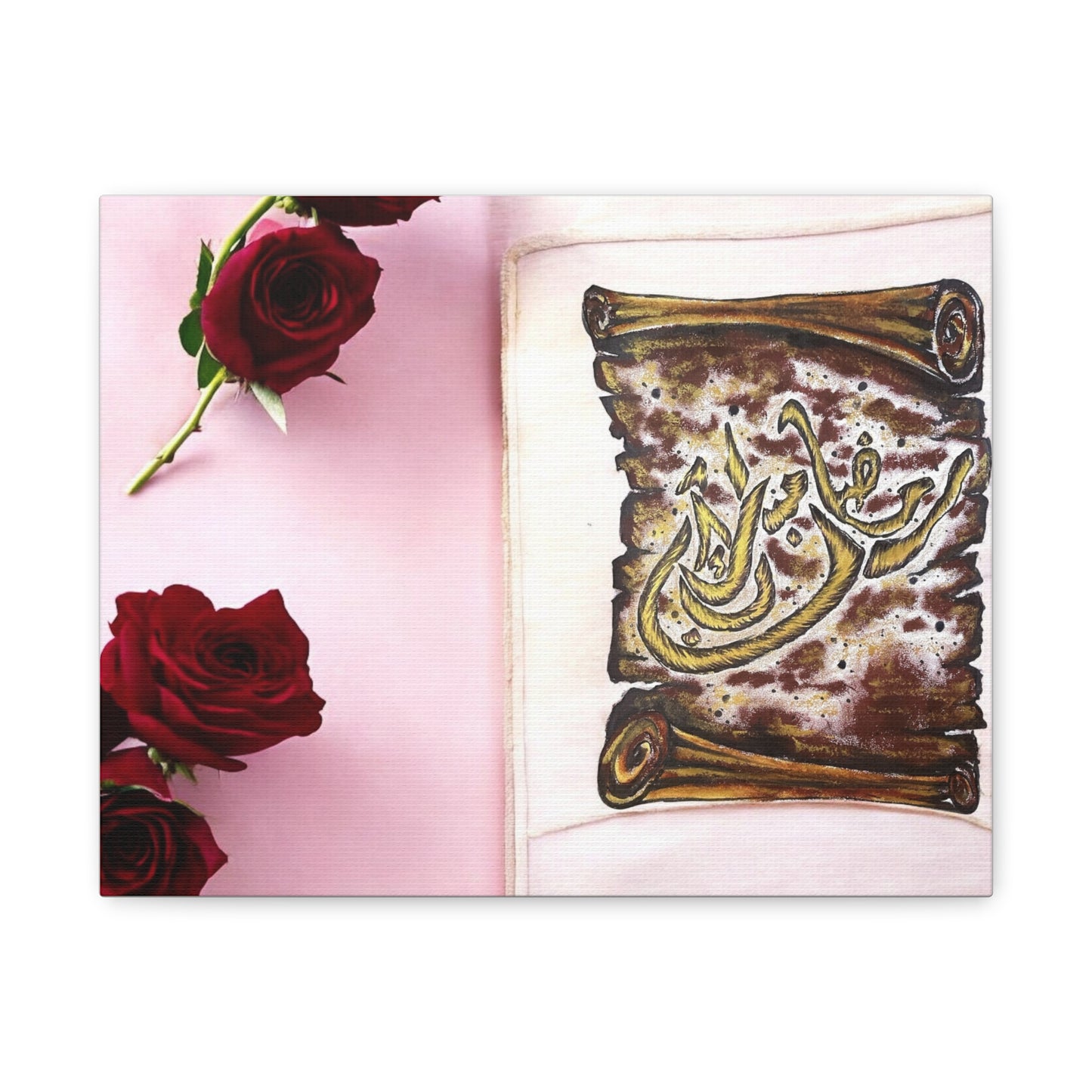 Arabic Calligraphy Canvas Wall Art — 'Bismillah' Scroll with Red Roses, Matte Stretched Canvas