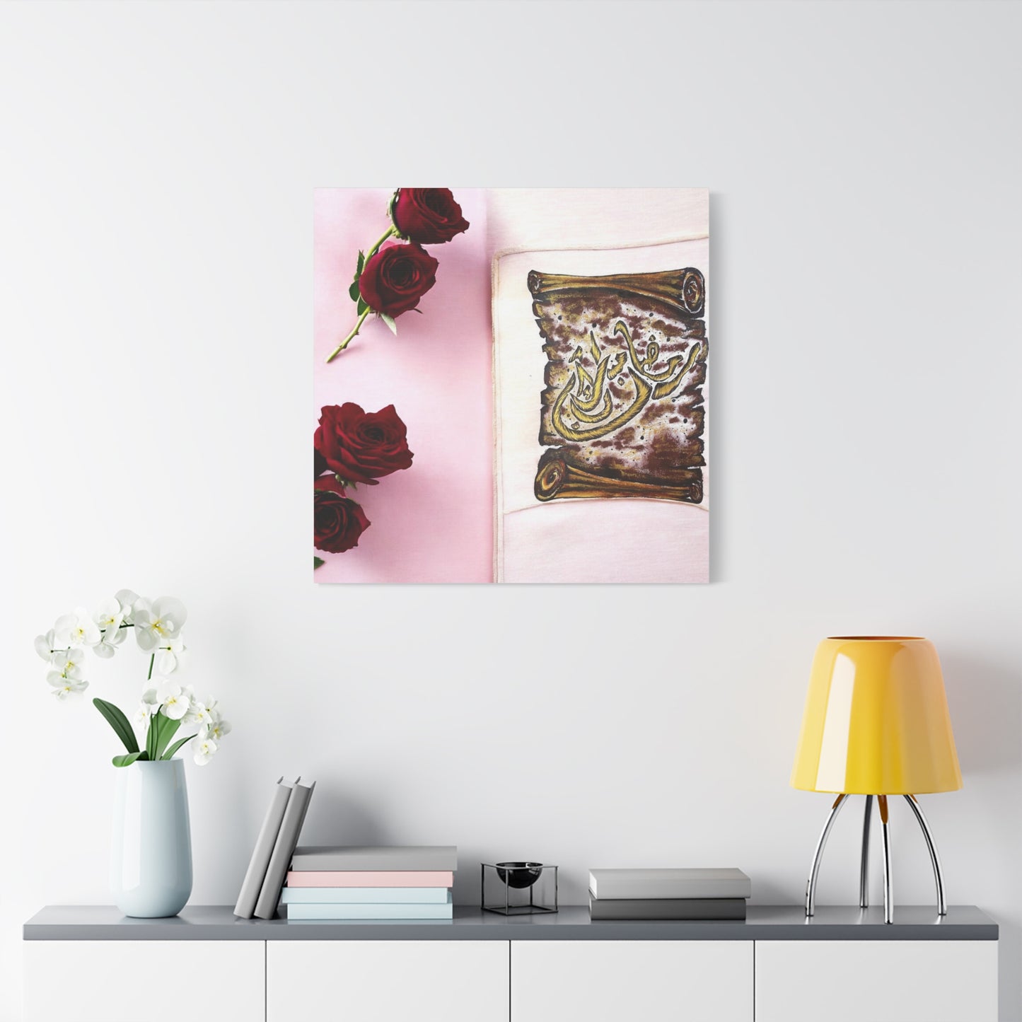Arabic Calligraphy Canvas Wall Art — 'Bismillah' Scroll with Red Roses, Matte Stretched Canvas