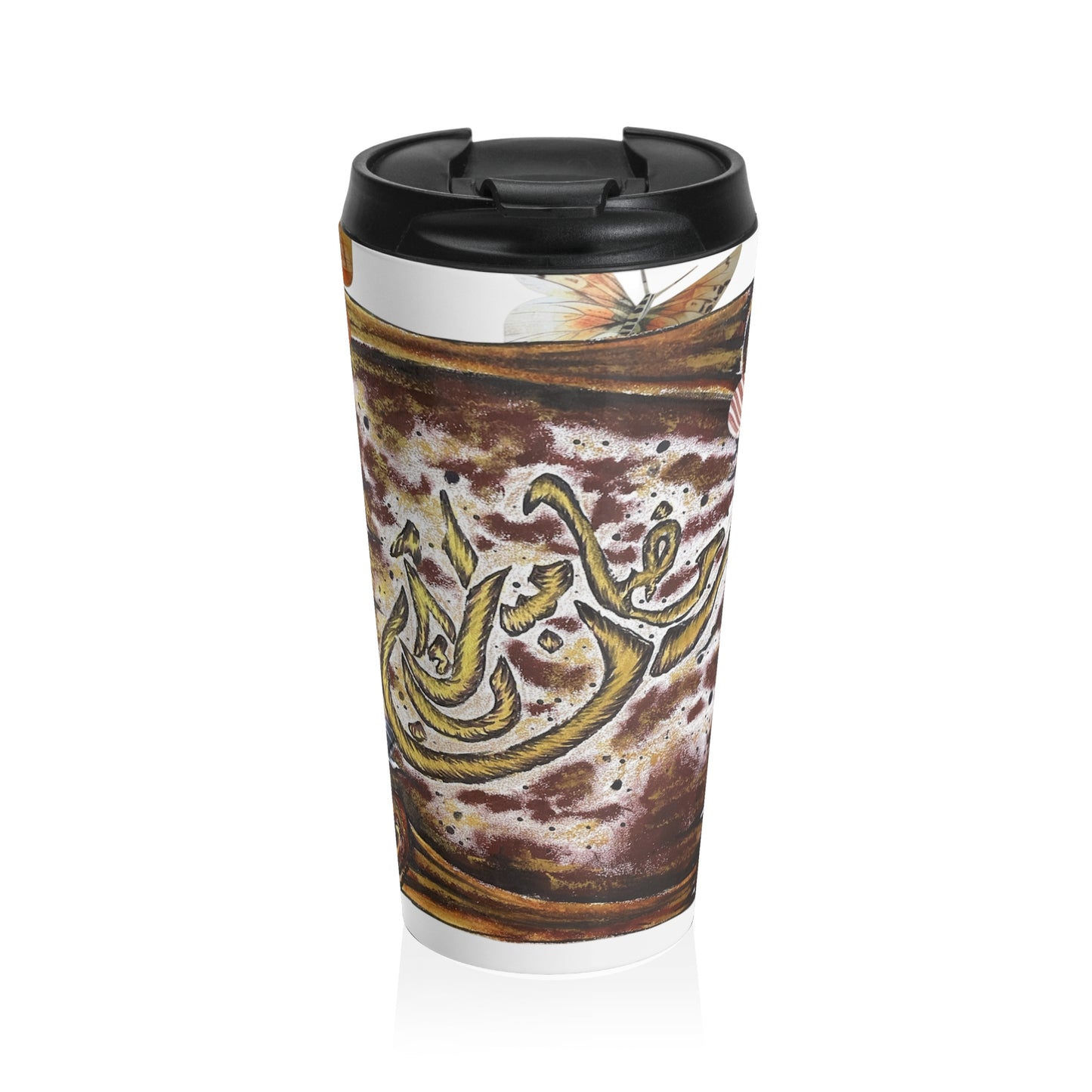 Arabic Calligraphy Travel Mug with Watercolor Butterflies — Stainless Steel Insulated Tumbler