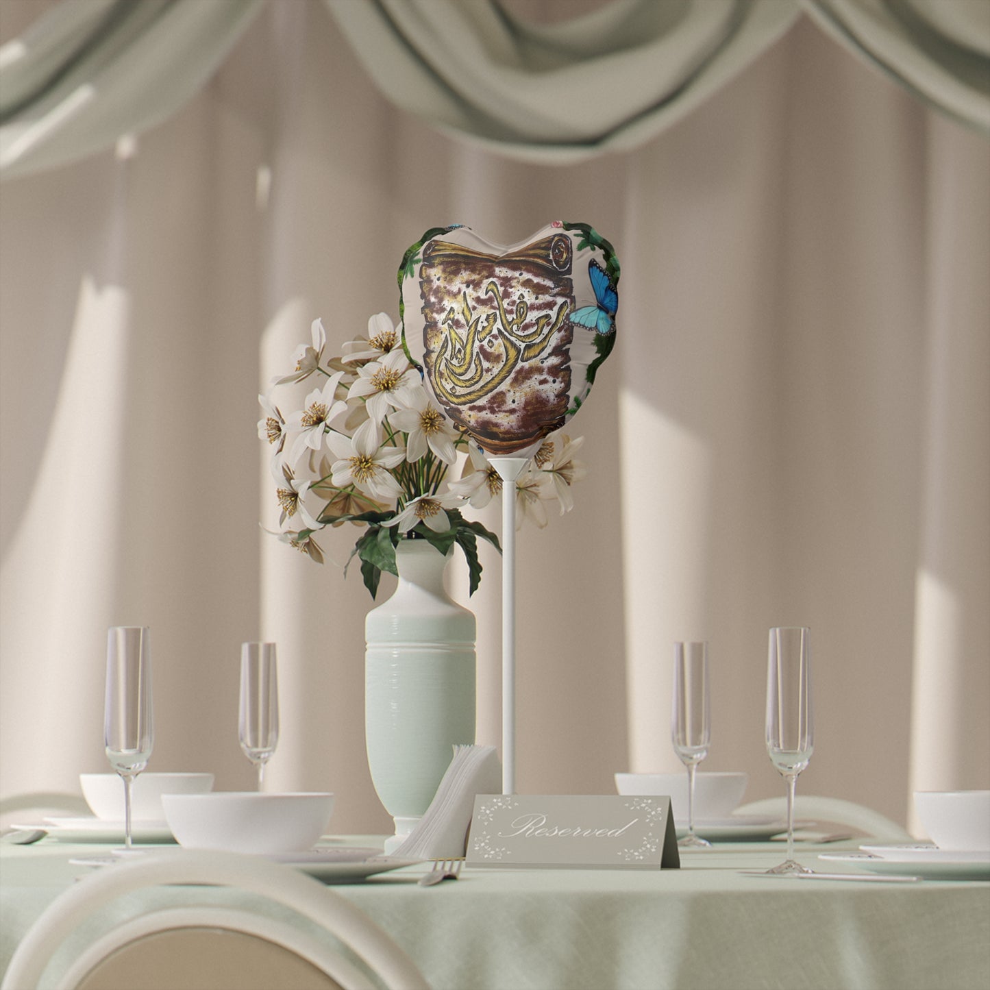 Heart Balloon — Arabic Calligraphy 'Mabrouk' with Floral & Butterfly Design, 6"