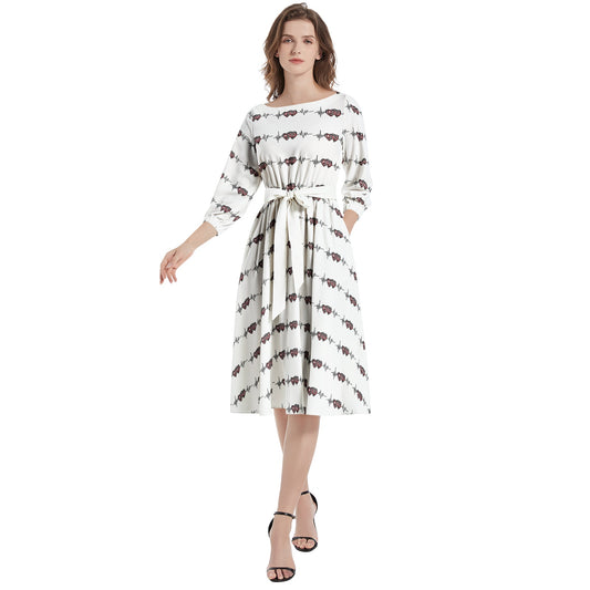 Boat Neck Belted Flared Dress