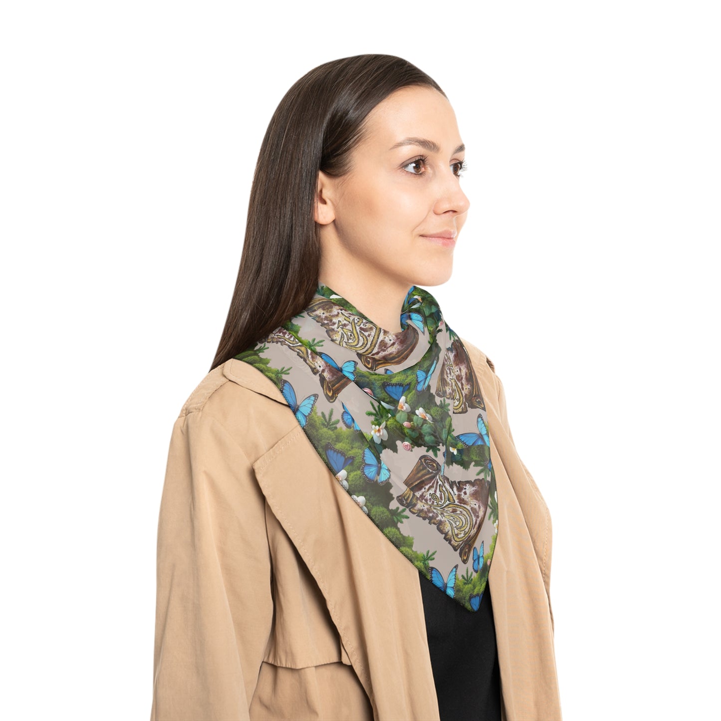 Silk-Feel Butterfly & Buddha Pattern Scarf – Botanical Boho Square Scarf