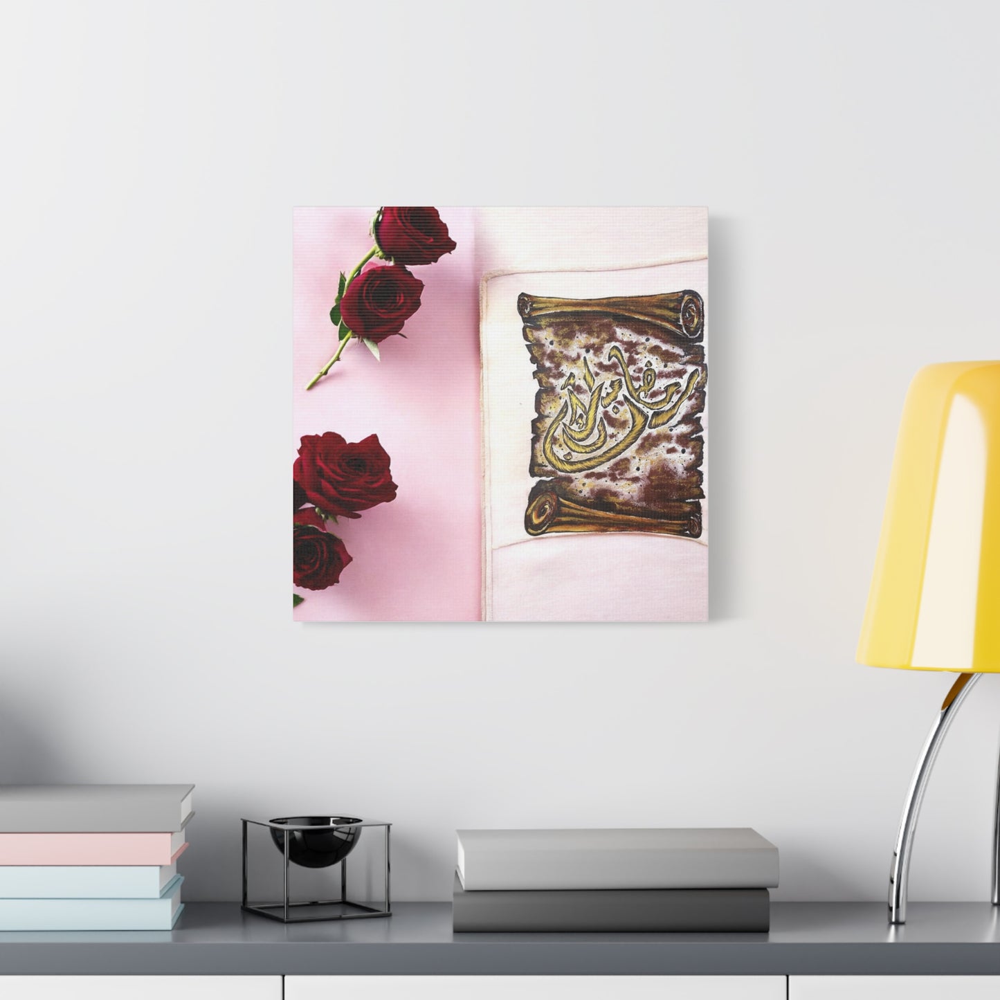 Arabic Calligraphy Canvas Wall Art — 'Bismillah' Scroll with Red Roses, Matte Stretched Canvas