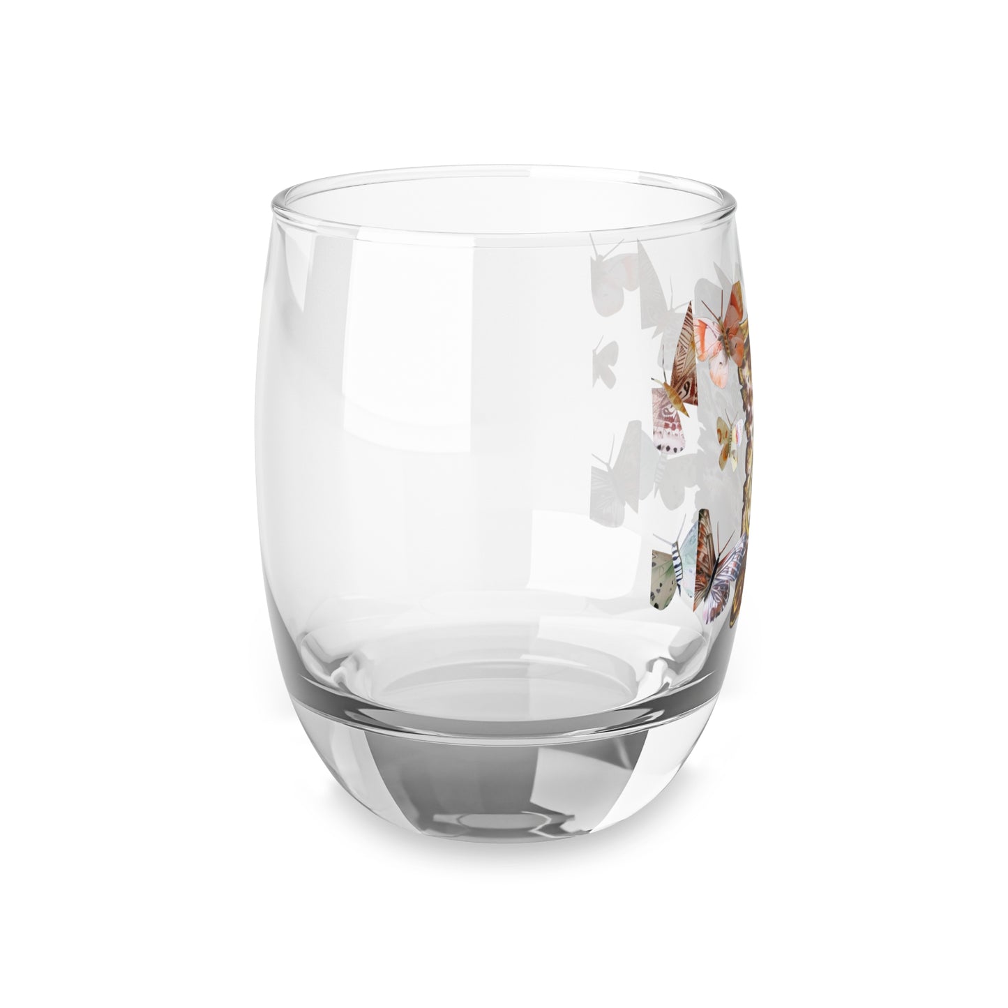 Butterfly Scroll Whiskey Glass — Vintage Calligraphy Design